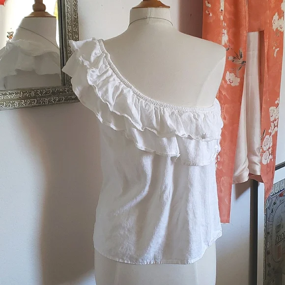 Next White Ruffle One Shoulder Linen Top Size 10 - Picture 5 of 9